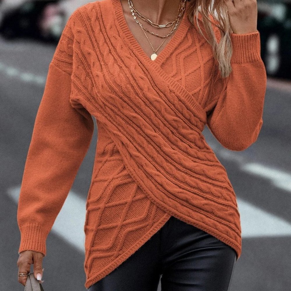 Orange Casual Womens Wrap Cross Drop Shoulder Cable Knit Sweater - Picture 4 of 5